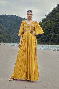 50Z845-RO Yellow Embroidered Georgette Gown