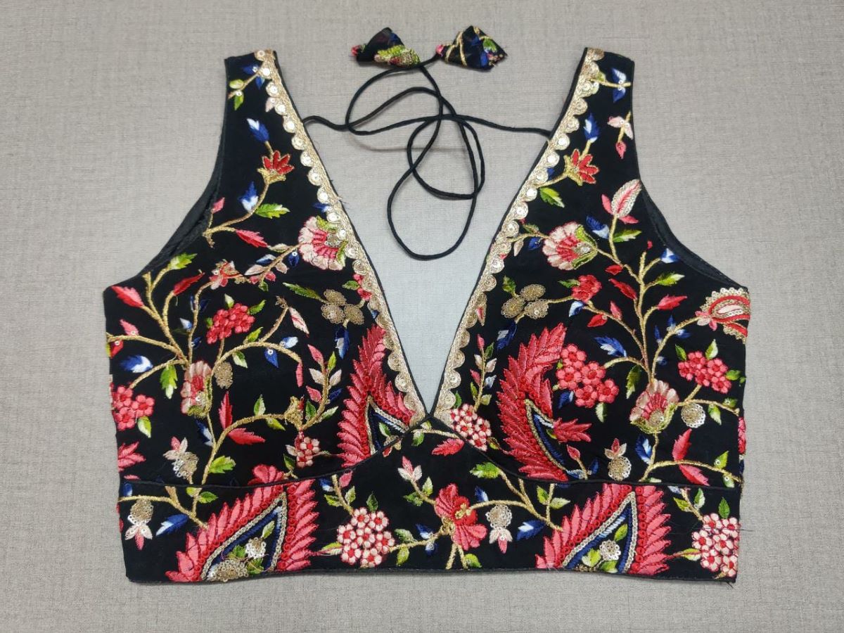50w025-RO - Black Blouse With Multi Color Embroidery Readymade Blouse