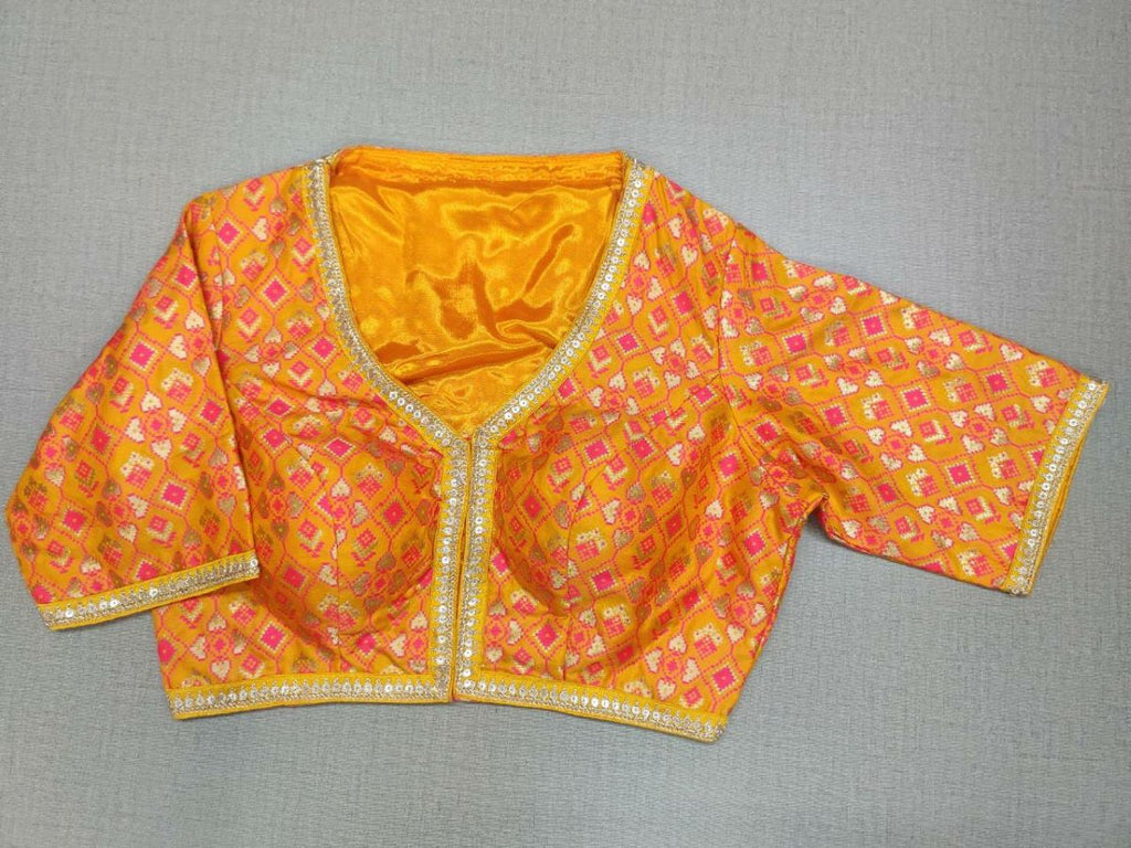 50w053-RO  Orange Golden Woven Design Padded Saree Blouse Blouse