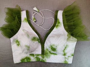 50w085-RO - White and Green Silk Readymade Saree Blouse