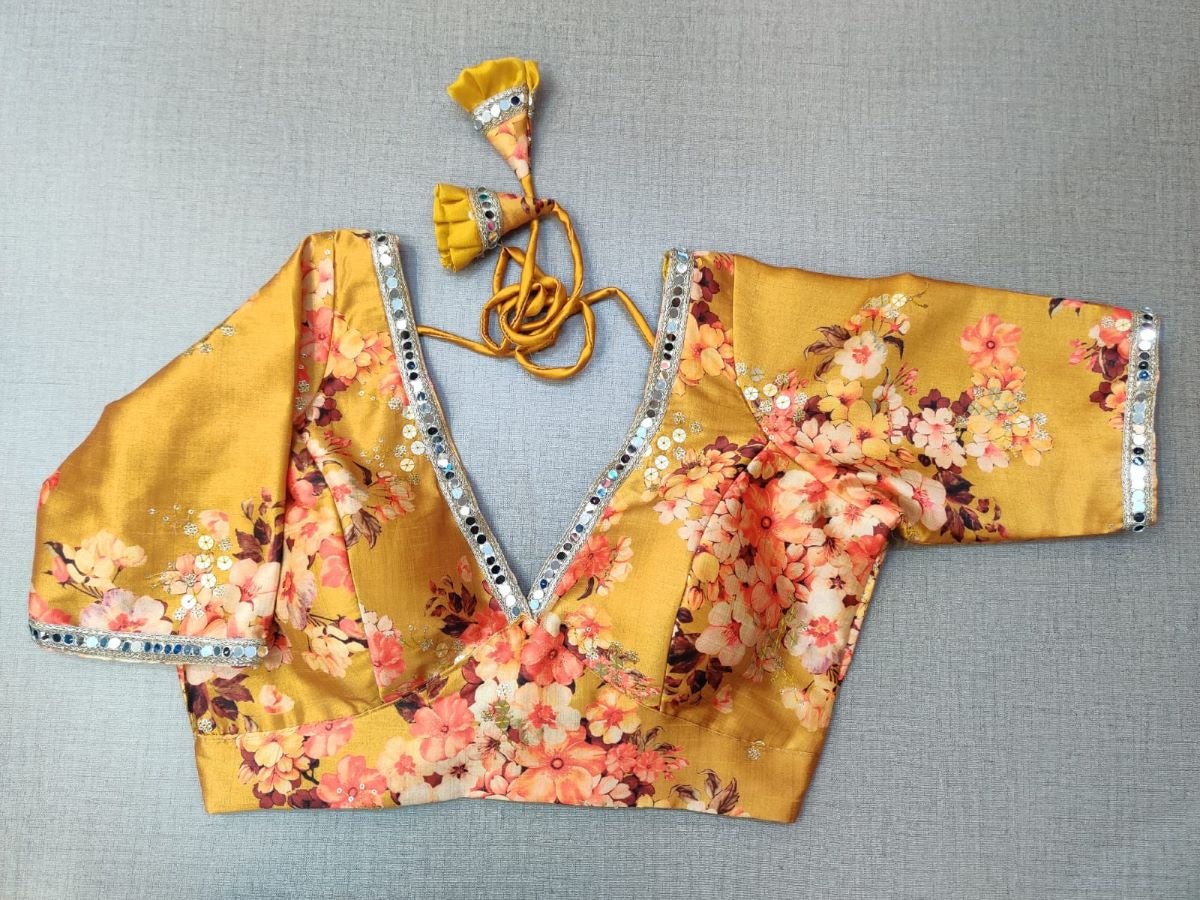 50w133-RO - Yellow Floral Silk Designer Readymade Blouse