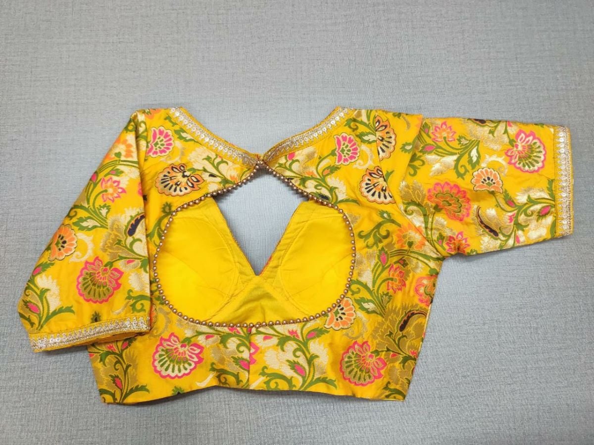50w136-RO  Yellow Silk Floral Designer Indian Saree Blouse