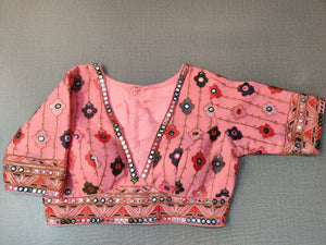 50w165-RO - Pink Silk Indian Saree Blouse With Multicolor Embroidery
