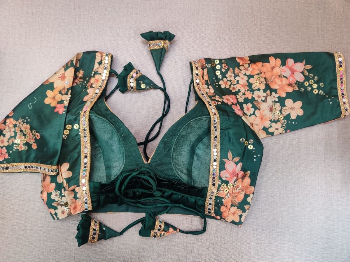50w185-RO - Dark Green Floral Silk Designer Readymade Blouse