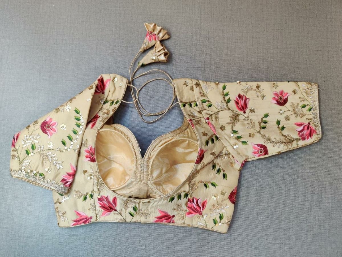 50w191-RO - Off White Silk Indian Saree Blouse With Floral embroidery