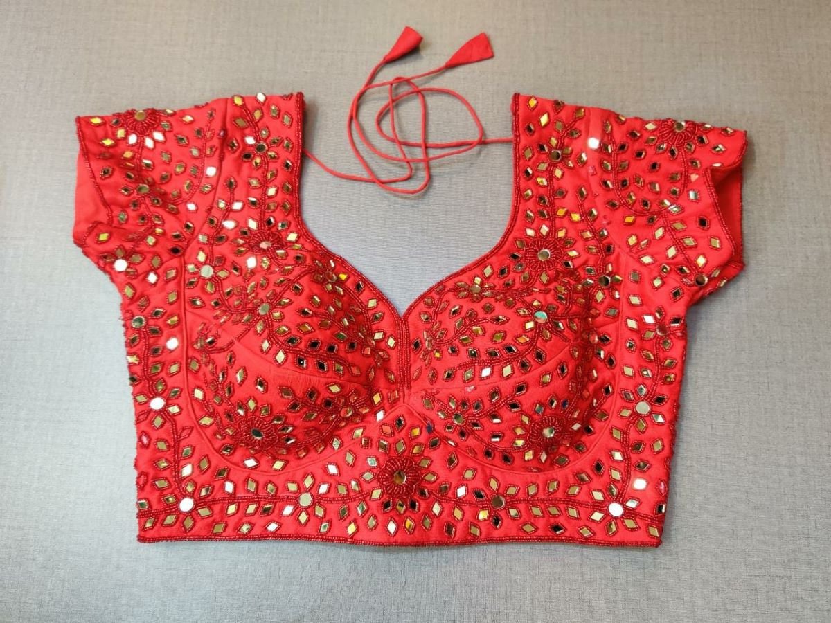 50w213-RO  Red Silk Blouse With Mirror Work Embroidery