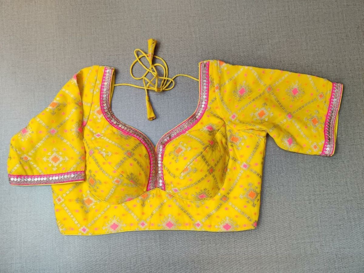 50w225-RO  Yellow & Pink Silk Blouse With Embroidery