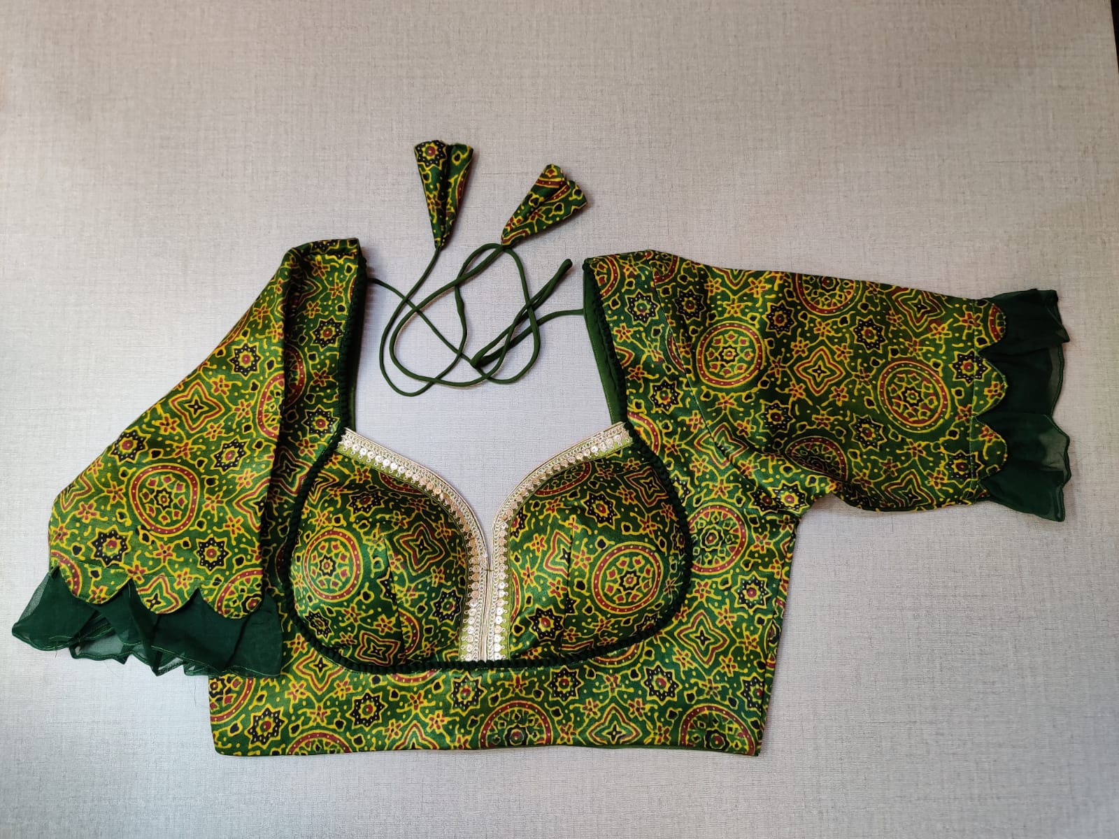 50W238-RO  Green & Black Printed Silk Blouse With Ruffles