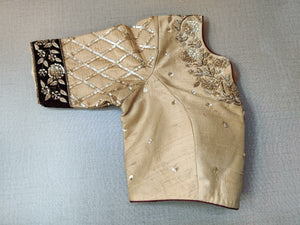 50w255-RO  Beige & Black Silk Blouse With Embroidery