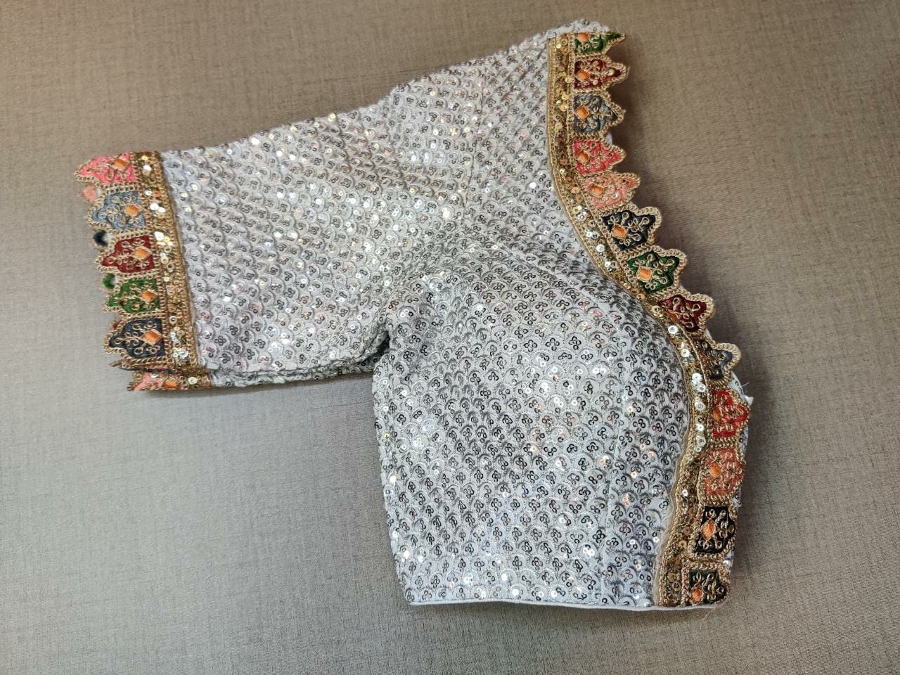 50w258-RO  Silver Sequin Embroidered Blouse With Beautiful Border