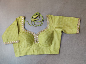 50w267-RO  Solid Green Silk Blouse With Embroidery