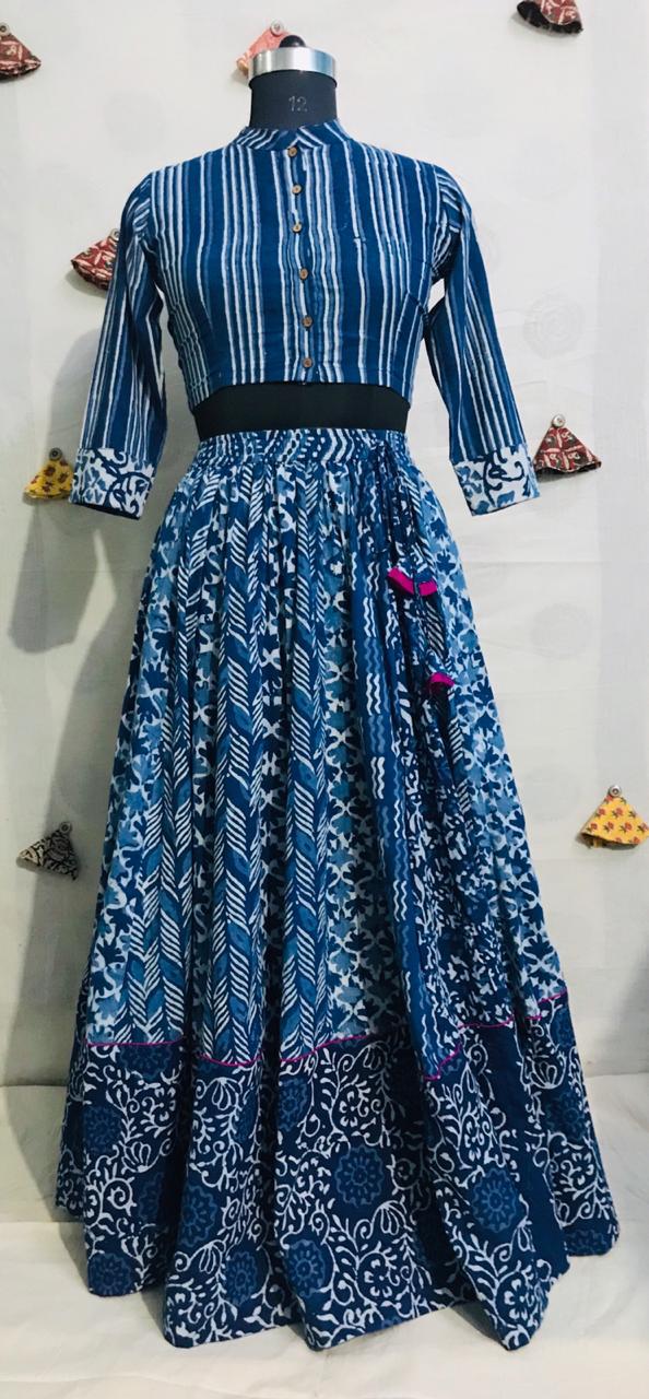 Shop gorgeous blue Bagru print cotton skirt set online in USA. Elevate your ethnic style with a tasteful collection of designer Anarkali, designer salwar suits, Indian lehengas, sharara suits from Pure Elegance Indian clothing store in USA.-full view