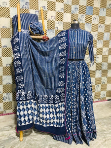 Buy gorgeous blue ethnic Bagru print cotton skirt set online in USA with dupatta. Elevate your ethnic style with a tasteful collection of designer Anarkali suits, designer salwar suits, Indian lehengas, sharara suits from Pure Elegance Indian clothing store in USA.-full view