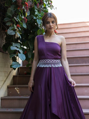 Buy stunning purple georgette one shoulder gown online in USA. Dazzle on weddings and special occasions with exquisite Indian designer dresses, sharara suits, Anarkali suits, wedding lehengas from Pure Elegance Indian fashion store in USA.-closeup