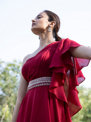 Shop beautiful red georgette one shoulder gown online in USA. Dazzle on weddings and special occasions with exquisite Indian designer dresses, sharara suits, Anarkali suits, wedding lehengas from Pure Elegance Indian fashion store in USA.-top