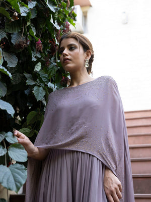 Buy stunning grey georgette jumpsuit online in USA with cape sleeves. Dazzle on weddings and special occasions with exquisite Indian designer dresses, sharara suits, Anarkali suits, wedding lehengas from Pure Elegance Indian fashion store in USA.-cape