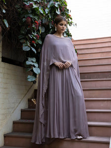 Buy stunning grey georgette jumpsuit online in USA with cape sleeves. Dazzle on weddings and special occasions with exquisite Indian designer dresses, sharara suits, Anarkali suits, wedding lehengas from Pure Elegance Indian fashion store in USA.-full view