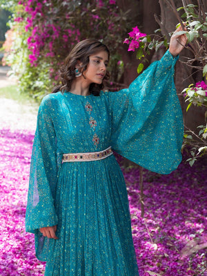 Buy beautiful teal blue printed maxi dress online in USA. Dazzle on weddings and special occasions with exquisite Indian designer dresses, sharara suits, Anarkali suits, wedding lehengas from Pure Elegance Indian fashion store in USA.-closeup