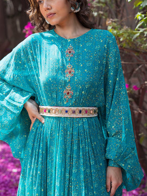 Buy beautiful teal blue printed maxi dress online in USA. Dazzle on weddings and special occasions with exquisite Indian designer dresses, sharara suits, Anarkali suits, wedding lehengas from Pure Elegance Indian fashion store in USA.-belt