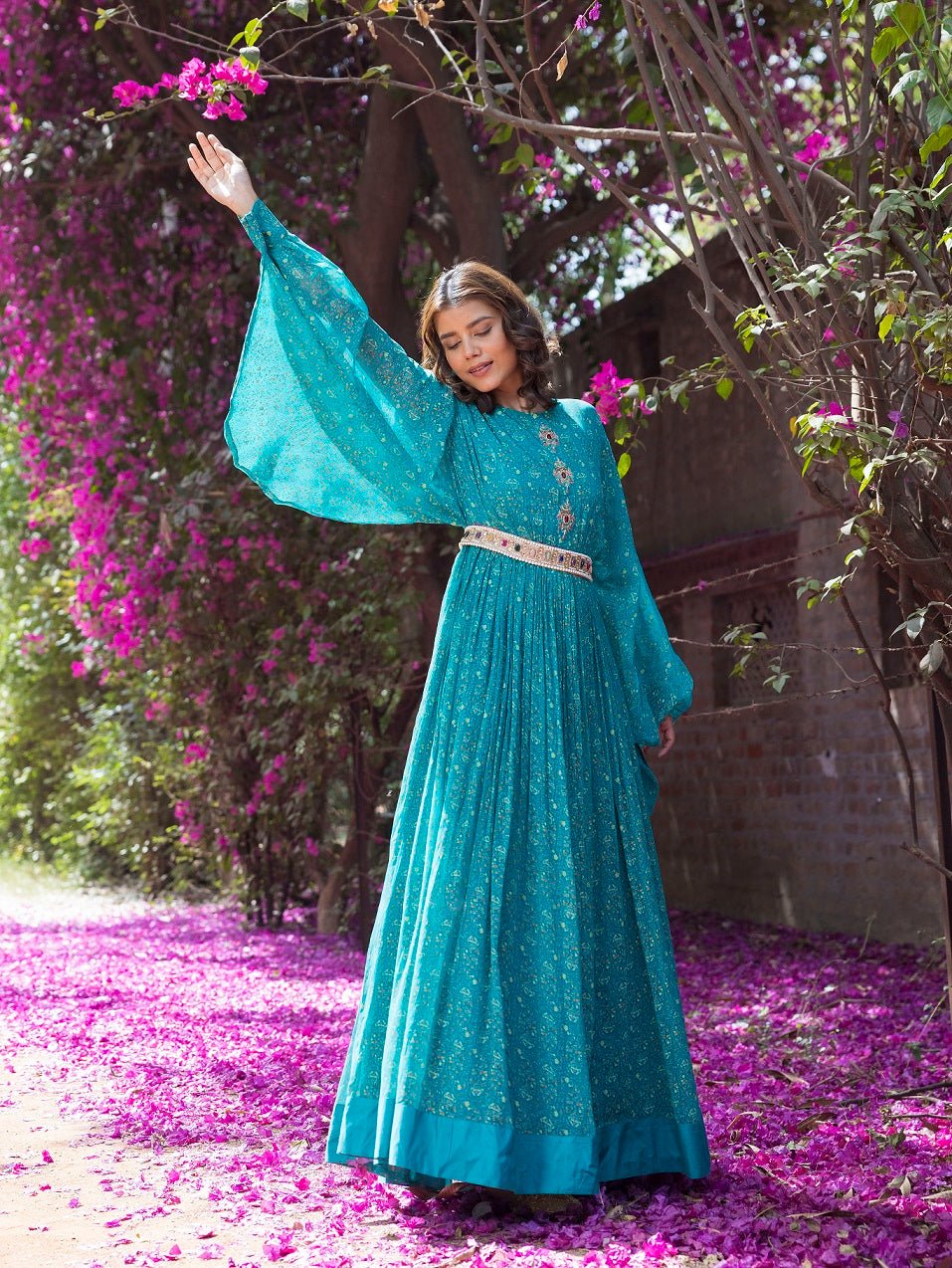 Buy beautiful teal blue printed maxi dress online in USA. Dazzle on weddings and special occasions with exquisite Indian designer dresses, sharara suits, Anarkali suits, wedding lehengas from Pure Elegance Indian fashion store in USA.-sleeves