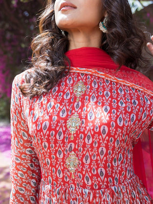 Buy gorgeous red drop print sharara suit online in USA with embellished front. Dazzle on weddings and special occasions with exquisite Indian designer dresses, sharara suits, Anarkali suits, wedding lehengas from Pure Elegance Indian fashion store in USA.-closeup