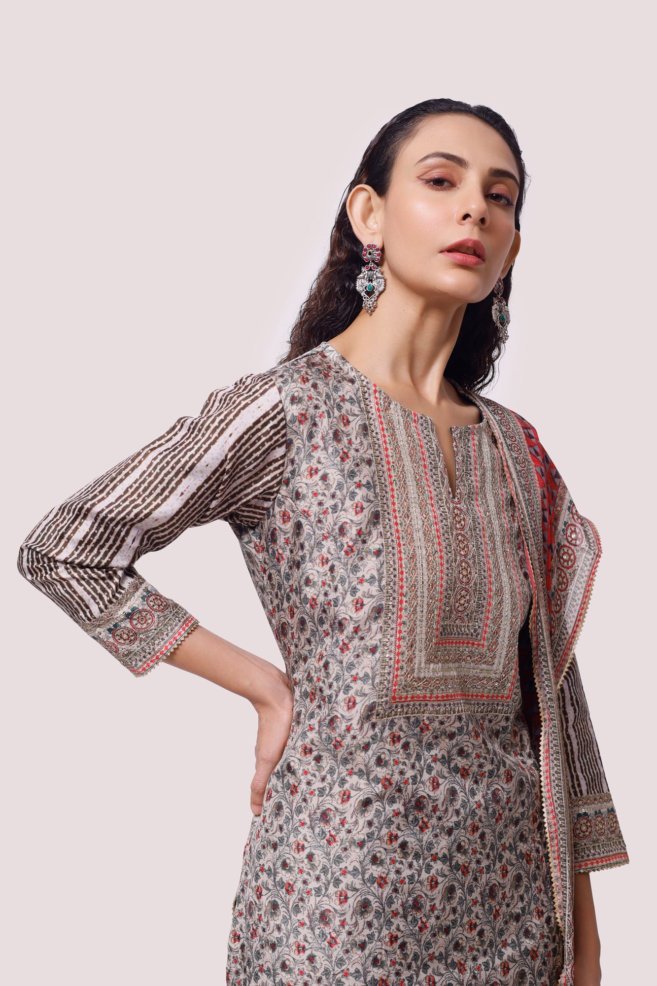 Shop green floral print crepe palazzo suit online in USA with dupatta. Dazzle on weddings and special occasions with exquisite Indian designer dresses, sharara suits, Anarkali suits, wedding lehengas from Pure Elegance Indian fashion store in USA.-closeup
