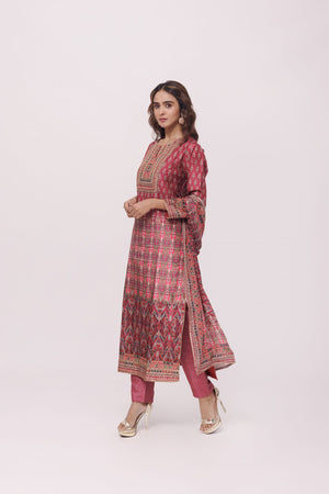 Buy burnt umber printed crepe pant suit online in USA with dupatta. Dazzle on weddings and special occasions with exquisite Indian designer dresses, sharara suits, Anarkali suits, wedding lehengas from Pure Elegance Indian fashion store in USA.-left