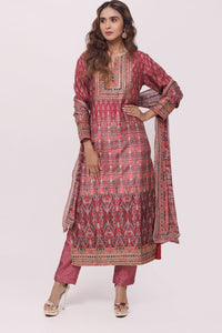 Buy burnt umber printed crepe pant suit online in USA with dupatta. Dazzle on weddings and special occasions with exquisite Indian designer dresses, sharara suits, Anarkali suits, wedding lehengas from Pure Elegance Indian fashion store in USA.-full view