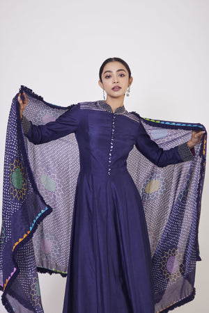 Shop blue muslin kurta with satin palazzo in USA and dupatta. Dazzle on weddings and special occasions with exquisite Indian designer dresses, sharara suits, Anarkali suits, wedding lehengas from Pure Elegance Indian fashion store in USA.-closeup