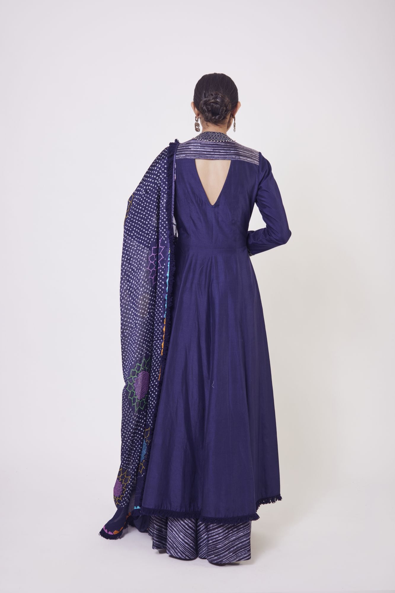 Shop blue muslin kurta with satin palazzo in USA and dupatta. Dazzle on weddings and special occasions with exquisite Indian designer dresses, sharara suits, Anarkali suits, wedding lehengas from Pure Elegance Indian fashion store in USA.-back
