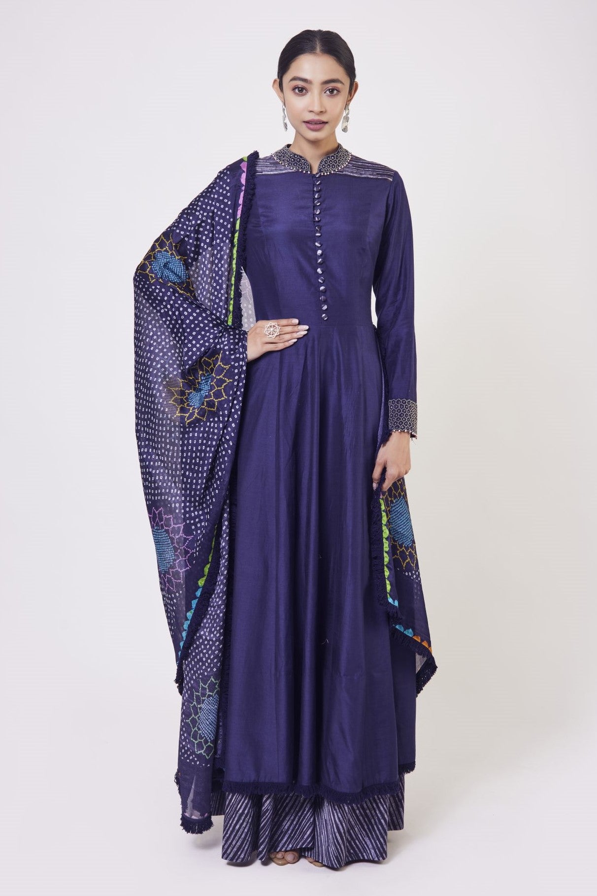 Shop blue muslin kurta with satin palazzo in USA and dupatta. Dazzle on weddings and special occasions with exquisite Indian designer dresses, sharara suits, Anarkali suits, wedding lehengas from Pure Elegance Indian fashion store in USA.-full view