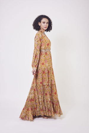 Buy stunning yellow floral print georgette tiered gown in USA. Dazzle on weddings and special occasions with exquisite Indian designer dresses, sharara suits, Anarkali suits, wedding lehengas from Pure Elegance Indian fashion store in USA.-right