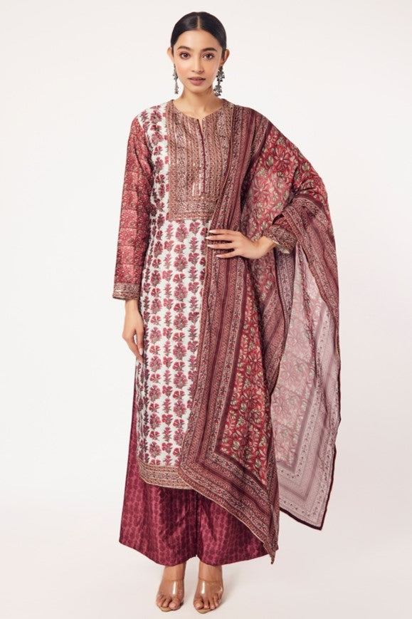 Buy powder blue and red printed crepe suit online in USA with dupatta. Dazzle on weddings and special occasions with exquisite Indian designer dresses, sharara suits, Anarkali suits, wedding lehengas from Pure Elegance Indian fashion store in USA.-full view