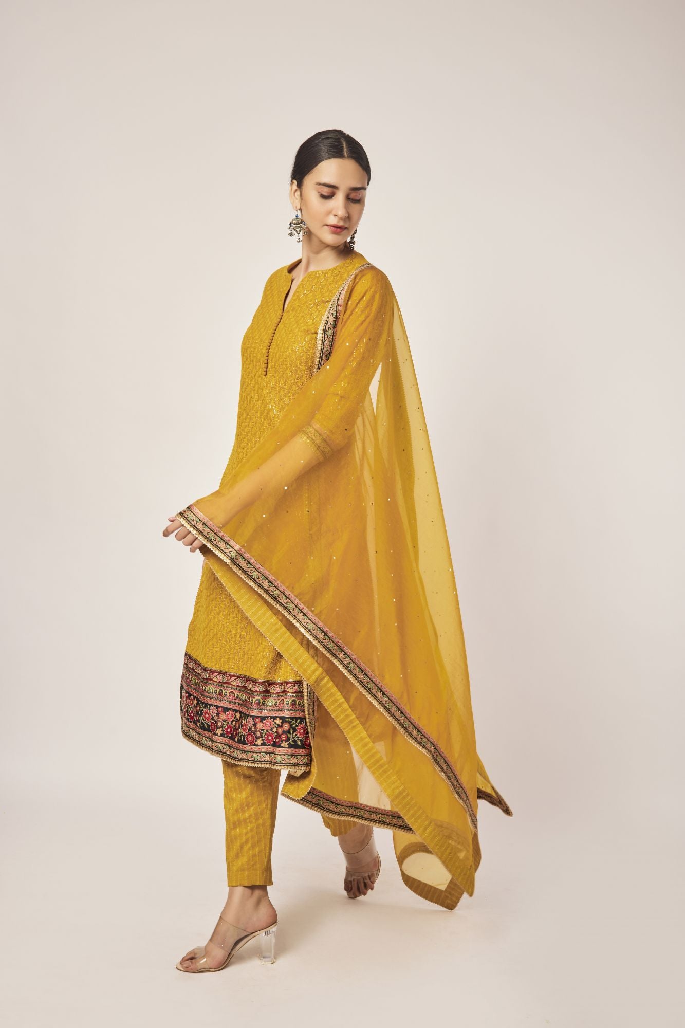 Shop beautiful mustard tikki and aari work georgette suit online in USA with dupatta. Dazzle on weddings and special occasions with exquisite Indian designer dresses, sharara suits, Anarkali suits, wedding lehengas from Pure Elegance Indian fashion store in USA.-dupatta