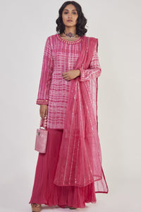 Buy pink mirror work georgette sharara suit online in USA with dupatta. Dazzle on weddings and special occasions with exquisite Indian designer dresses, sharara suits, Anarkali suits, wedding lehengas from Pure Elegance Indian fashion store in USA.-full view