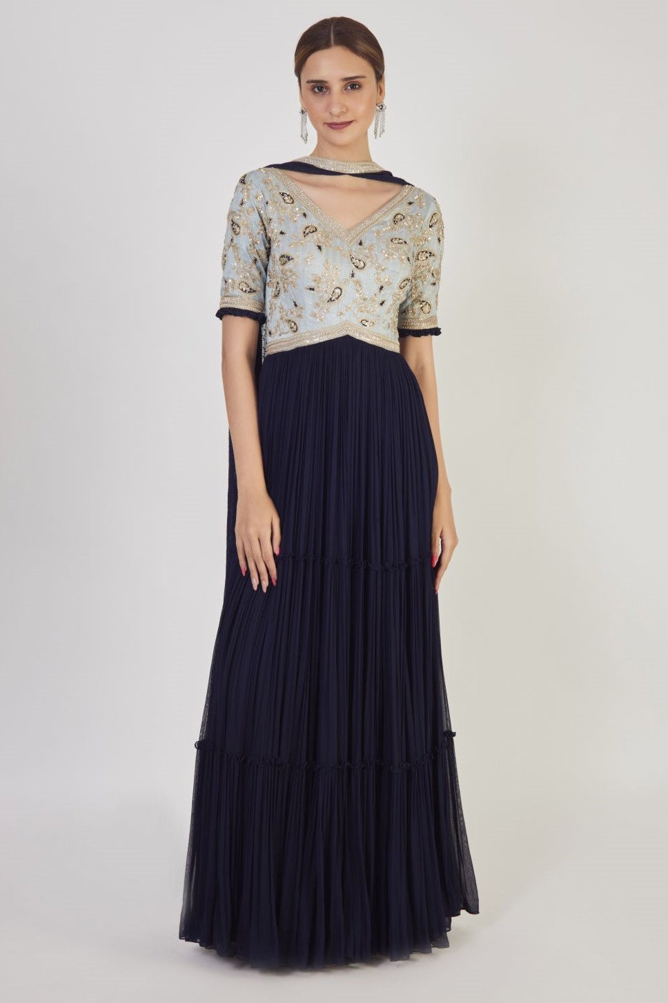 Shop navy blue zardozi work Anarkali suit online in USA with dupatta. Dazzle on weddings and special occasions with exquisite Indian designer dresses, sharara suits, Anarkali suits, wedding lehengas from Pure Elegance Indian fashion store in USA.-full view