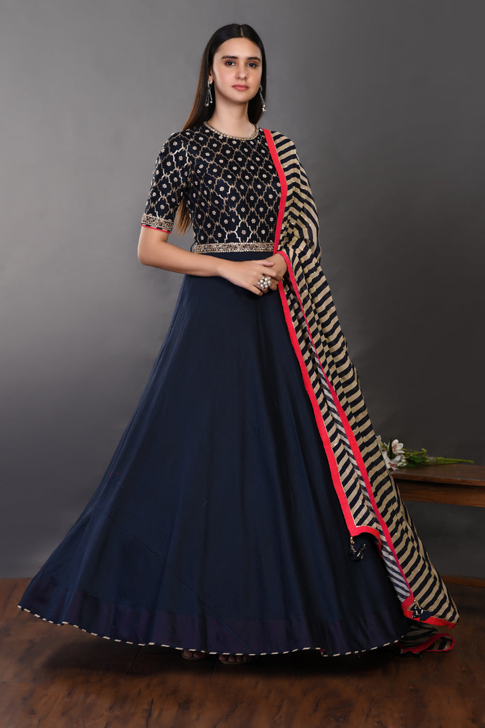 Buy navy blue chanderi Anarkali suit online in USA with dupatta. Dazzle on weddings and special occasions with exquisite Indian designer dresses, sharara suits, Anarkali suits, wedding lehengas from Pure Elegance Indian fashion store in USA.-full view