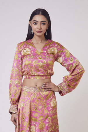 Buy stunning pink floral print satin Indowestern dress online in USA. Dazzle on weddings and special occasions with exquisite Indian designer dresses, sharara suits, Anarkali suits, wedding lehengas from Pure Elegance Indian fashion store in USA.-closeup
