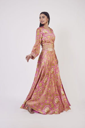 Buy stunning pink floral print satin Indowestern dress online in USA. Dazzle on weddings and special occasions with exquisite Indian designer dresses, sharara suits, Anarkali suits, wedding lehengas from Pure Elegance Indian fashion store in USA.-right