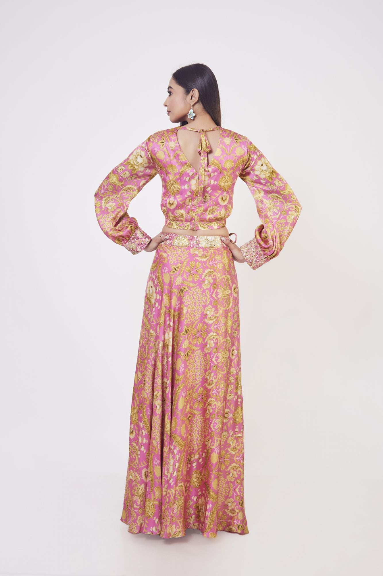 Buy stunning pink floral print satin Indowestern dress online in USA. Dazzle on weddings and special occasions with exquisite Indian designer dresses, sharara suits, Anarkali suits, wedding lehengas from Pure Elegance Indian fashion store in USA.-back
