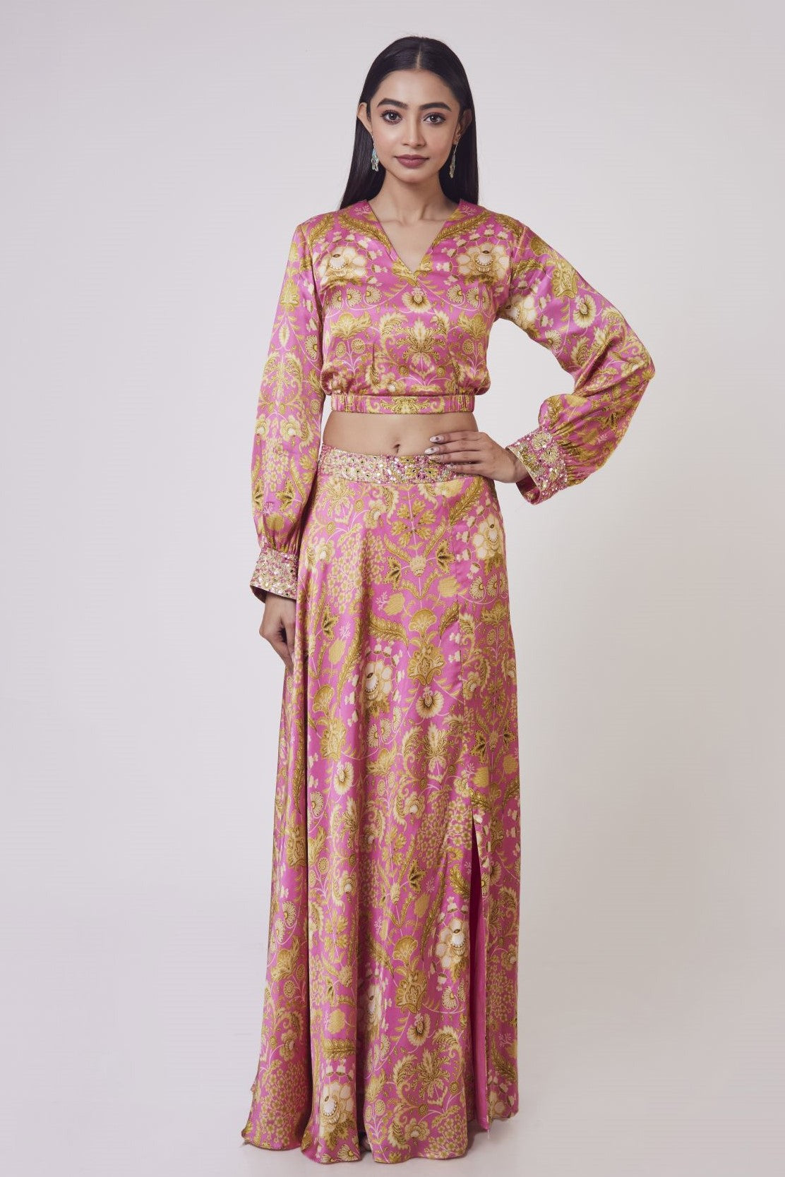 Buy stunning pink floral print satin Indowestern dress online in USA. Dazzle on weddings and special occasions with exquisite Indian designer dresses, sharara suits, Anarkali suits, wedding lehengas from Pure Elegance Indian fashion store in USA.-full view