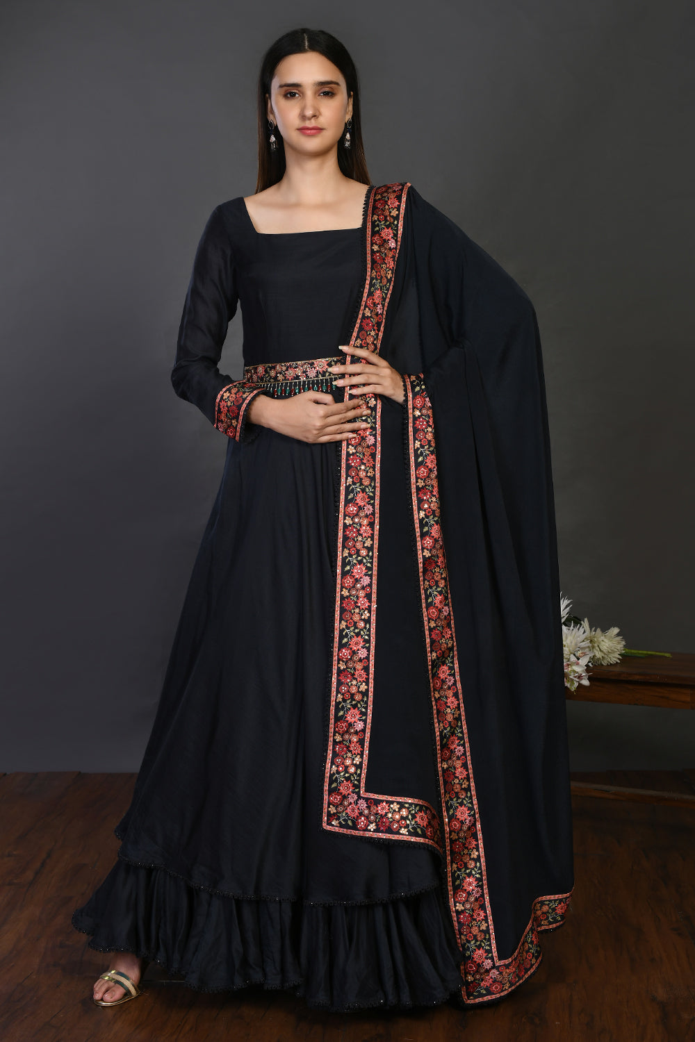 Shop black floorlength embroidered muslin Anarkali online in USA with dupatta. Dazzle on weddings and special occasions with exquisite Indian designer dresses, sharara suits, Anarkali suits, wedding lehengas from Pure Elegance Indian fashion store in USA.-full view