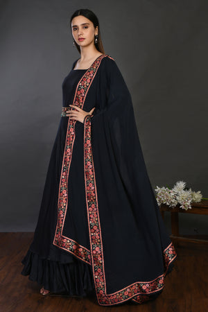 Shop black floorlength embroidered muslin Anarkali online in USA with dupatta. Dazzle on weddings and special occasions with exquisite Indian designer dresses, sharara suits, Anarkali suits, wedding lehengas from Pure Elegance Indian fashion store in USA.-dupatta