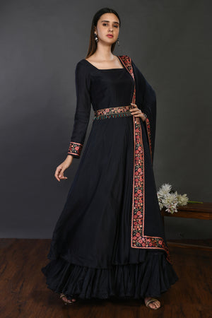 Shop black floorlength embroidered muslin Anarkali online in USA with dupatta. Dazzle on weddings and special occasions with exquisite Indian designer dresses, sharara suits, Anarkali suits, wedding lehengas from Pure Elegance Indian fashion store in USA.-right