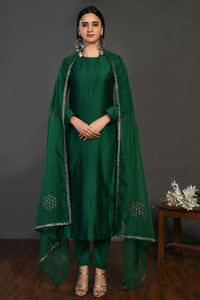 Buy bottle green cutdana work chanderi suit online in USA with dupatta. Dazzle on weddings and special occasions with exquisite Indian designer dresses, sharara suits, Anarkali suits, wedding lehengas from Pure Elegance Indian fashion store in USA.-full view