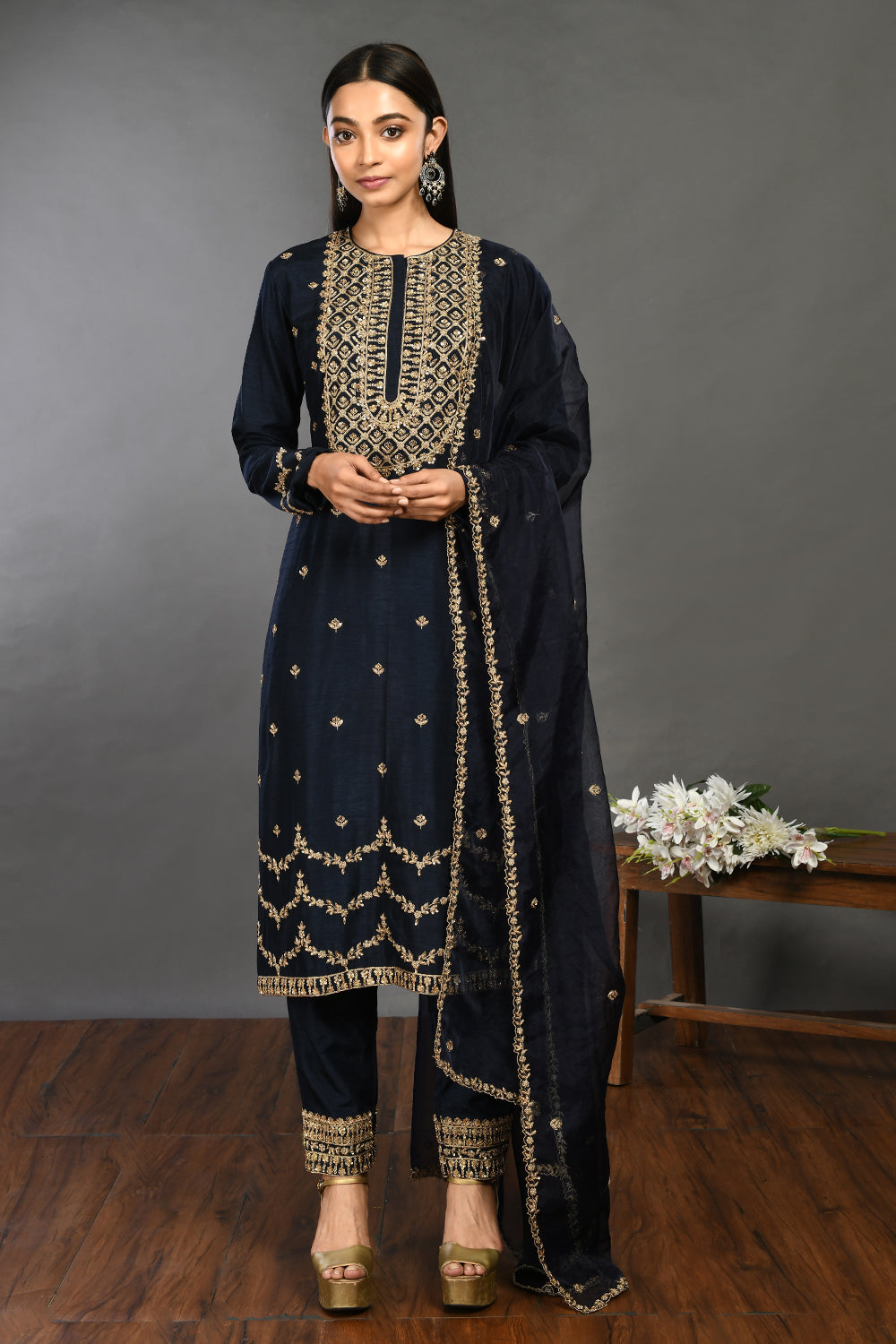 Buy prussian blue zardozi work Mysore silk suit online in USA with dupatta. Dazzle on weddings and special occasions with exquisite Indian designer dresses, sharara suits, Anarkali suits, wedding lehengas from Pure Elegance Indian fashion store in USA.-full view