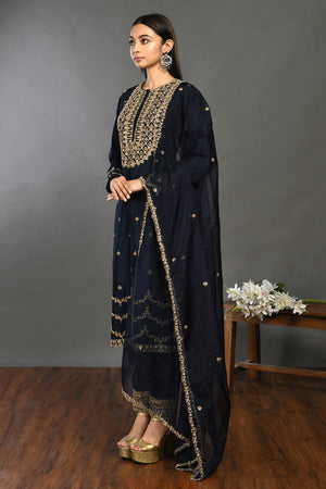 Buy prussian blue zardozi work Mysore silk suit online in USA with dupatta. Dazzle on weddings and special occasions with exquisite Indian designer dresses, sharara suits, Anarkali suits, wedding lehengas from Pure Elegance Indian fashion store in USA.-dupatta
