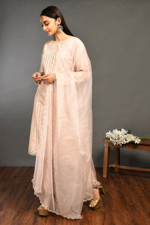 Buy beautiful powder pink mirror work silk suit online in USA with organza dupatta. Dazzle on weddings and special occasions with exquisite Indian designer dresses, sharara suits, Anarkali suits, wedding lehengas from Pure Elegance Indian fashion store in USA.-dupatta