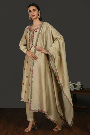 Shop beige embroidered chanderi cotton suit online in USA with dupatta. Dazzle on weddings and special occasions with exquisite Indian designer dresses, sharara suits, Anarkali suits, wedding lehengas from Pure Elegance Indian fashion store in USA.-dupatta