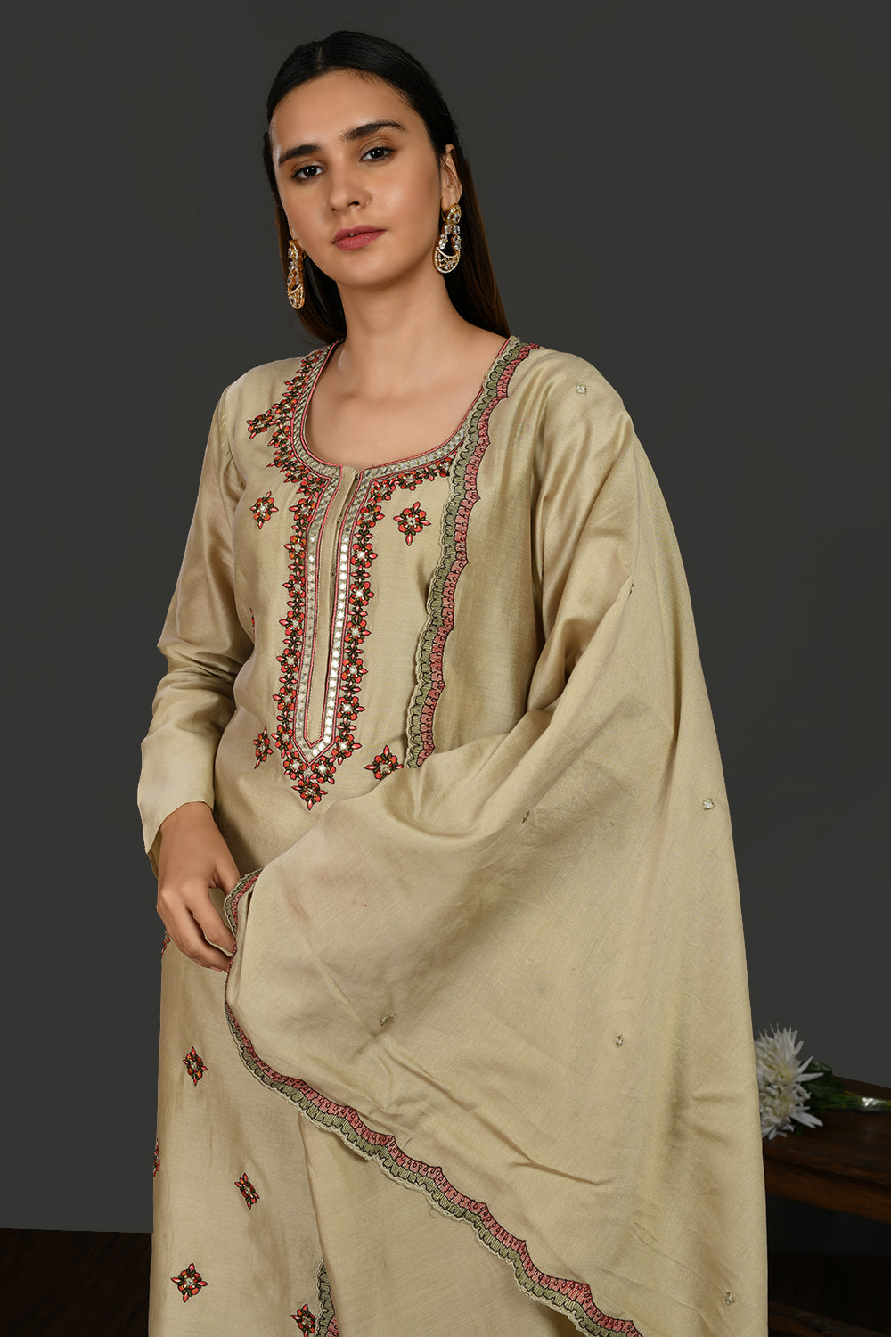 Shop beige embroidered chanderi cotton suit online in USA with dupatta. Dazzle on weddings and special occasions with exquisite Indian designer dresses, sharara suits, Anarkali suits, wedding lehengas from Pure Elegance Indian fashion store in USA.-closeup